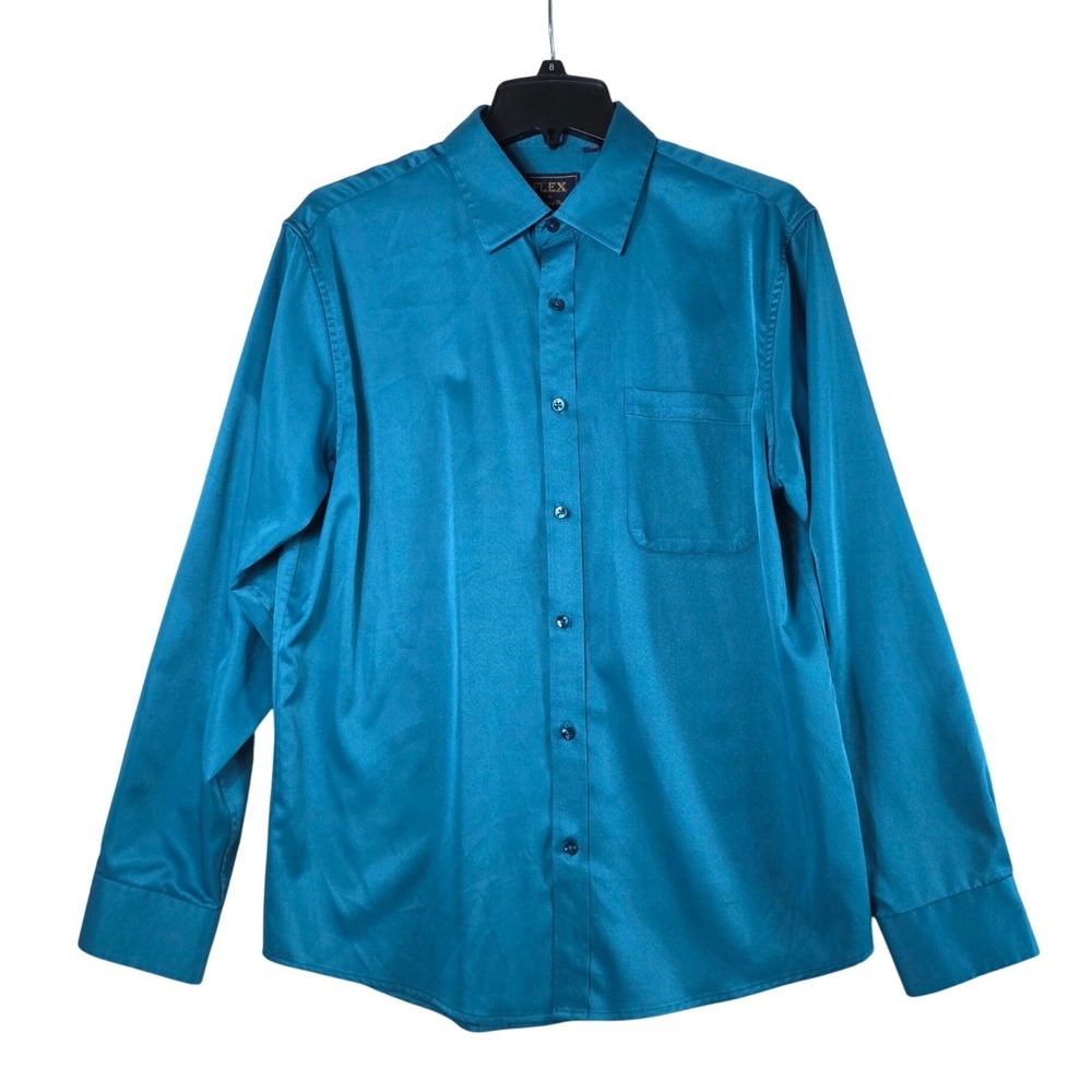 Flex Dress Shirt Teal Blue Satin Long Sleeve Luxury Collection S Dressy Formal